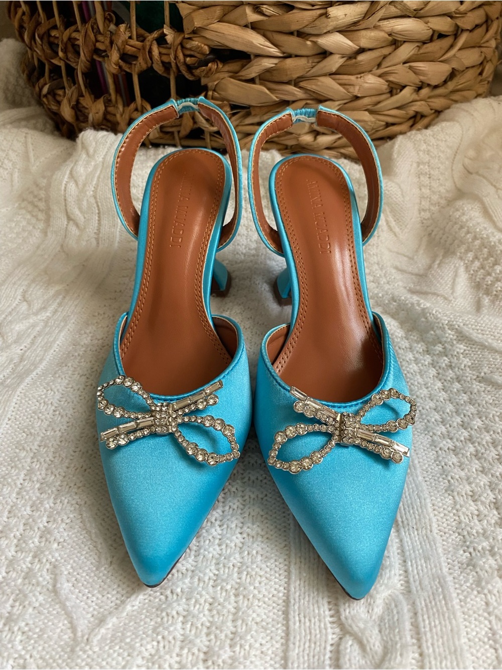 EUC Luxury Amina Muaddi Rosie Slingback Pumps Turquoise Designer Something Blu